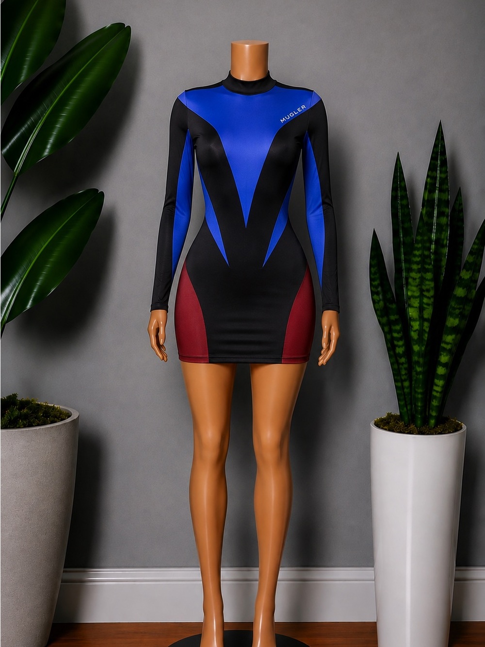 Mugler Blue, Black & Burgundy Colorblock Long-Sleeve Mini Dress